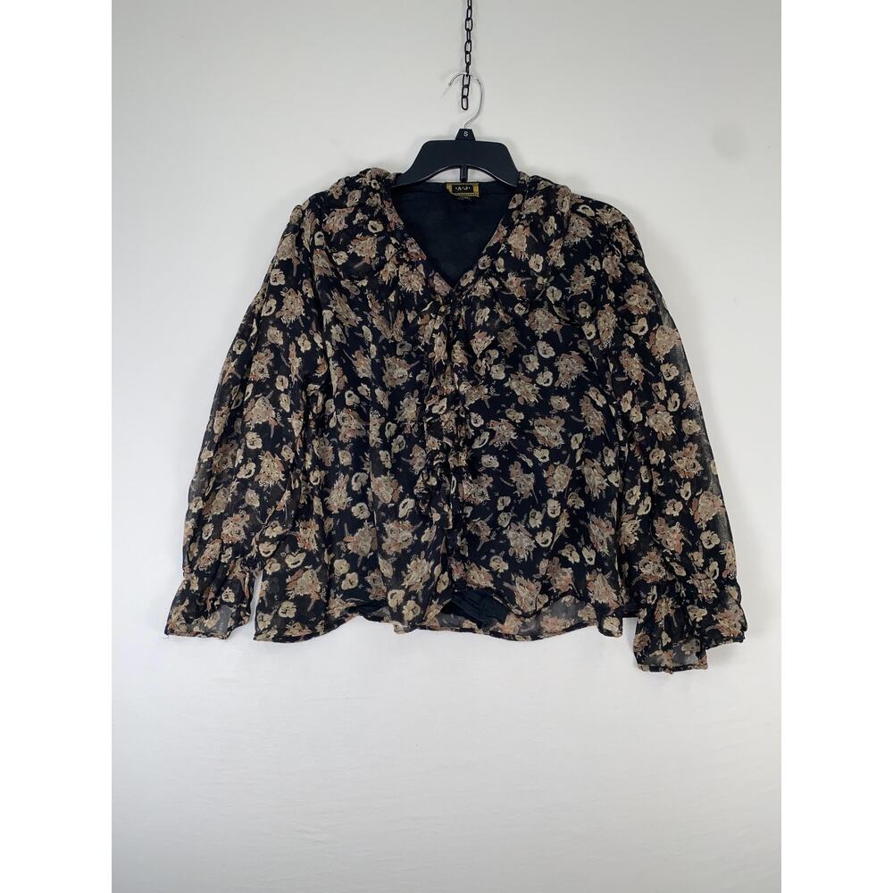 A J Blouse Womens Medium Black Floral Sheer Ruffle Long Sleeve V Neck Boho Top